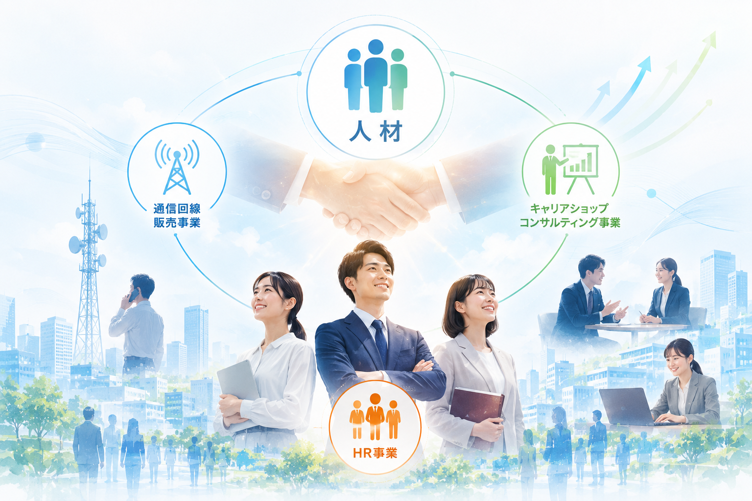 通信回線販売事業・キャリアショップコンサルティング事業・HR事業が「人材」を軸につながる相関図