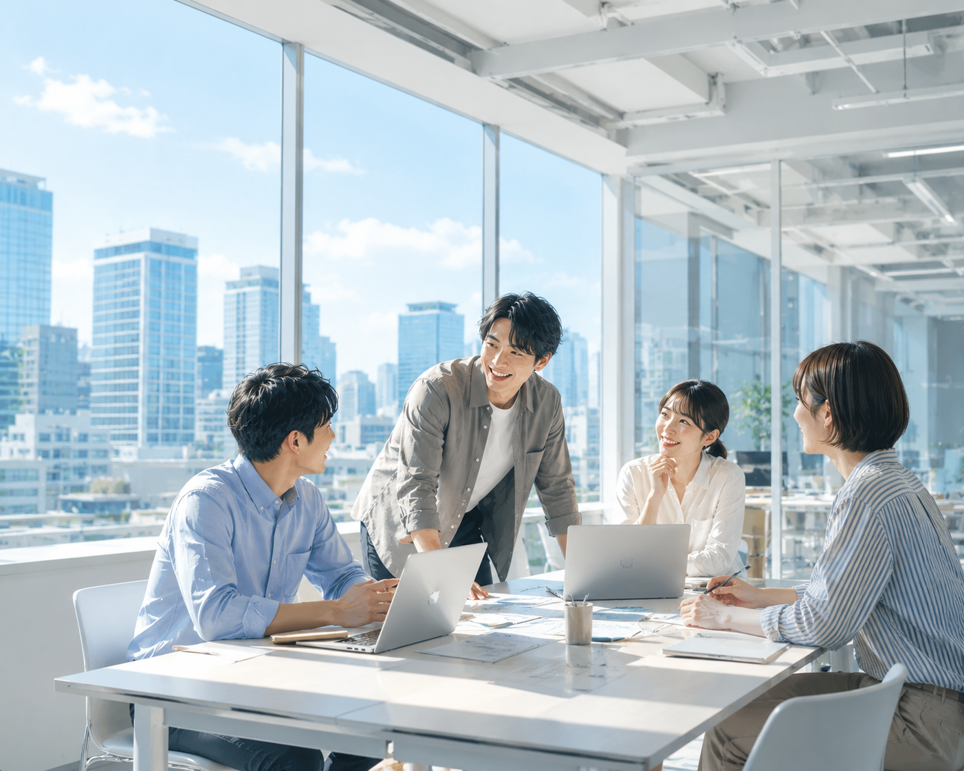 明るいオフィスで談笑しながら働くIM FREEのメンバー